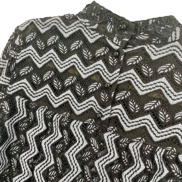 Anna Sui Top Blue Black Chevron Lace Bell Sleeve High Neck Cottagecore Large - Picture 6 of 10